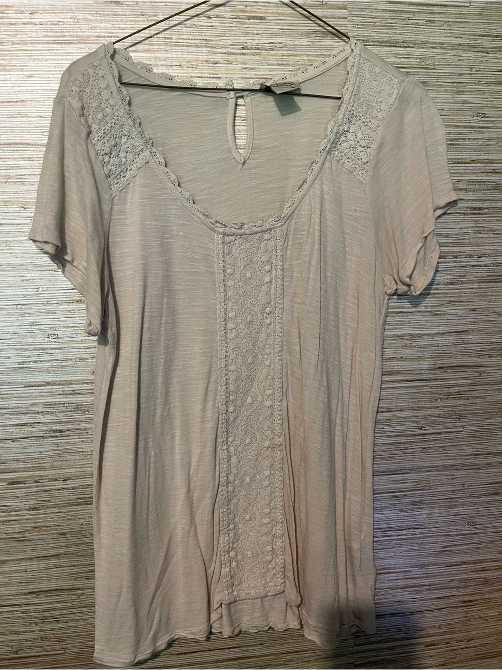 Lucky Brand Light Beige Lace-Trim Short Sleeve Tee